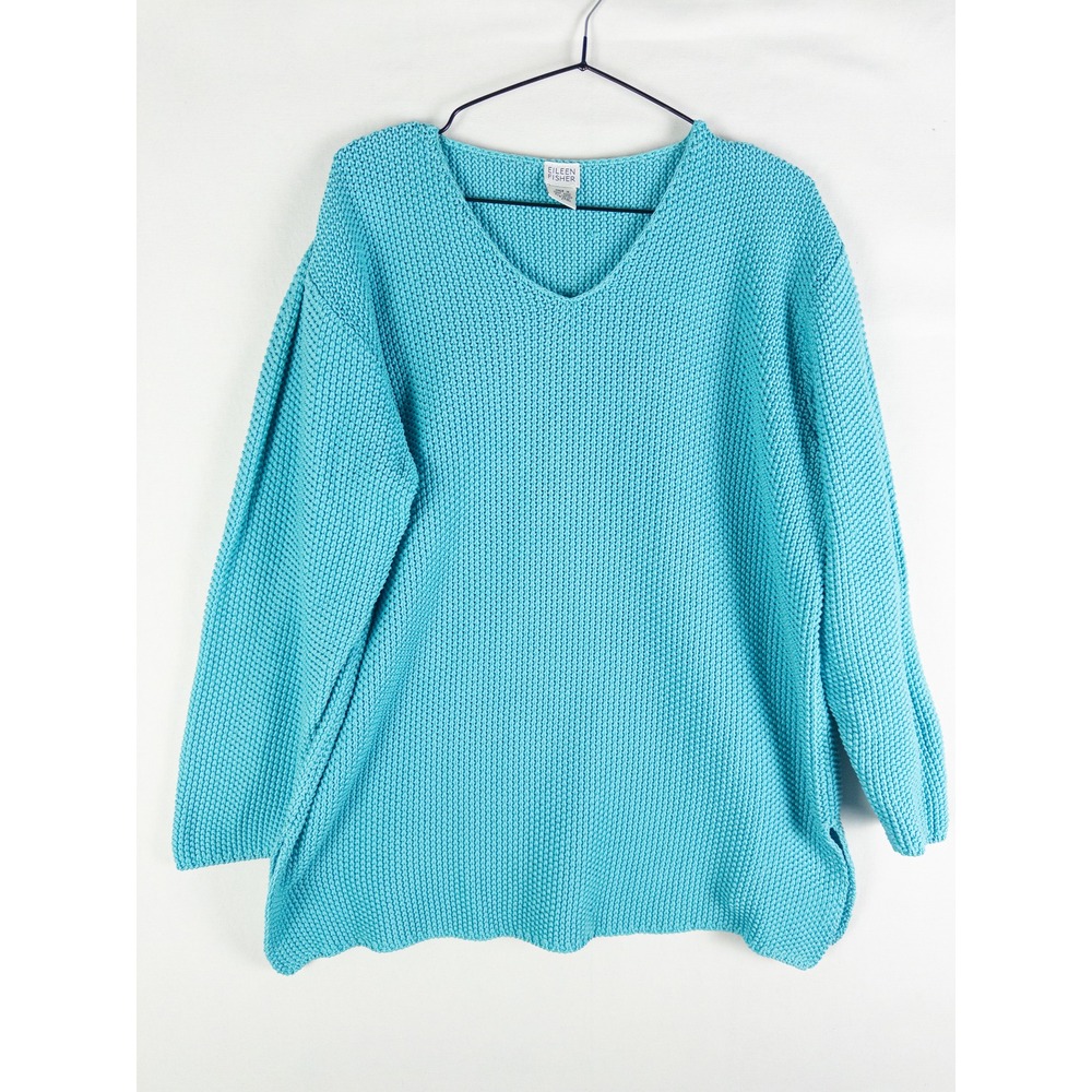 Eileen Fisher V-Neck Pullover Sweater Womens L Turquoise Aqua Cotton Minimalist